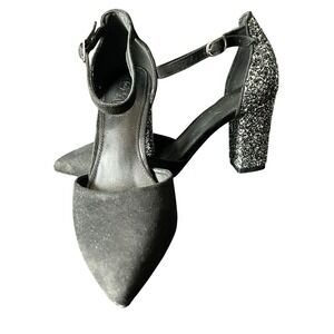 Trary Better Moves Ankle Strap Heels Womens Size 6M Black with Silver Sparkles